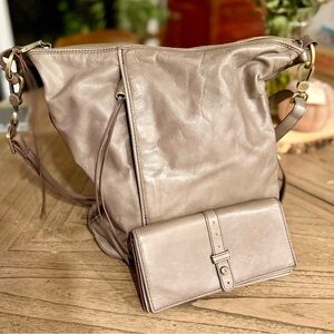HOBO International grey leather bucket bag + checkbook sized wallet